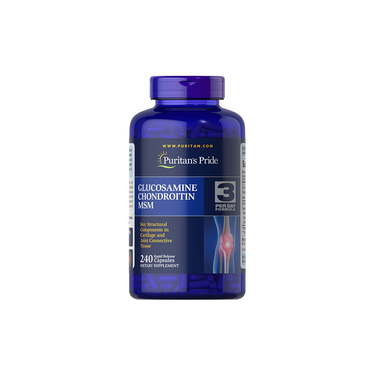 Puritan's Pride Glucosamine Chondroitin MSM (3 Per Day Formula) features 240 capsules, specially formulated to support joint health.